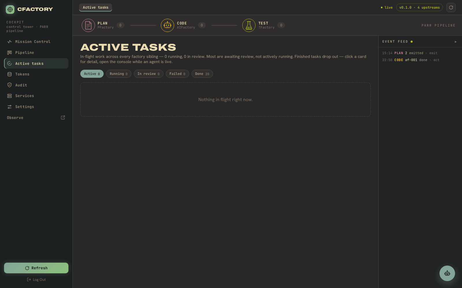 Running tasks — live progress across every factory sibling