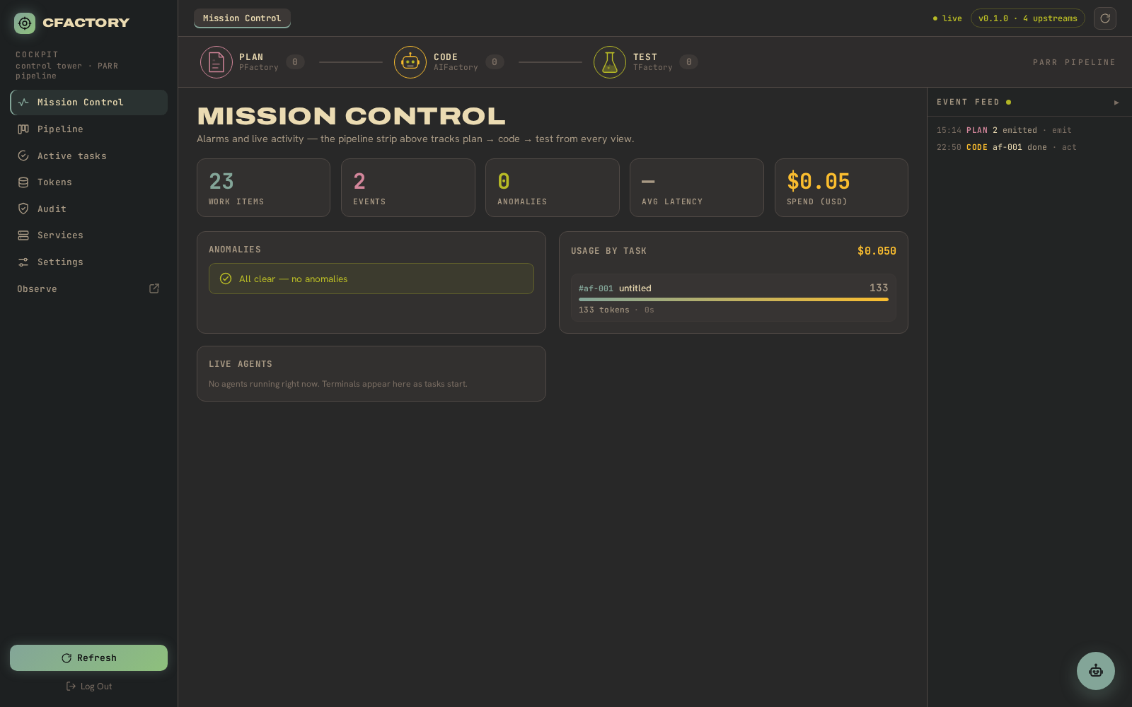 Mission Control -- pipeline strip, counts, anomalies, live agents and event feed