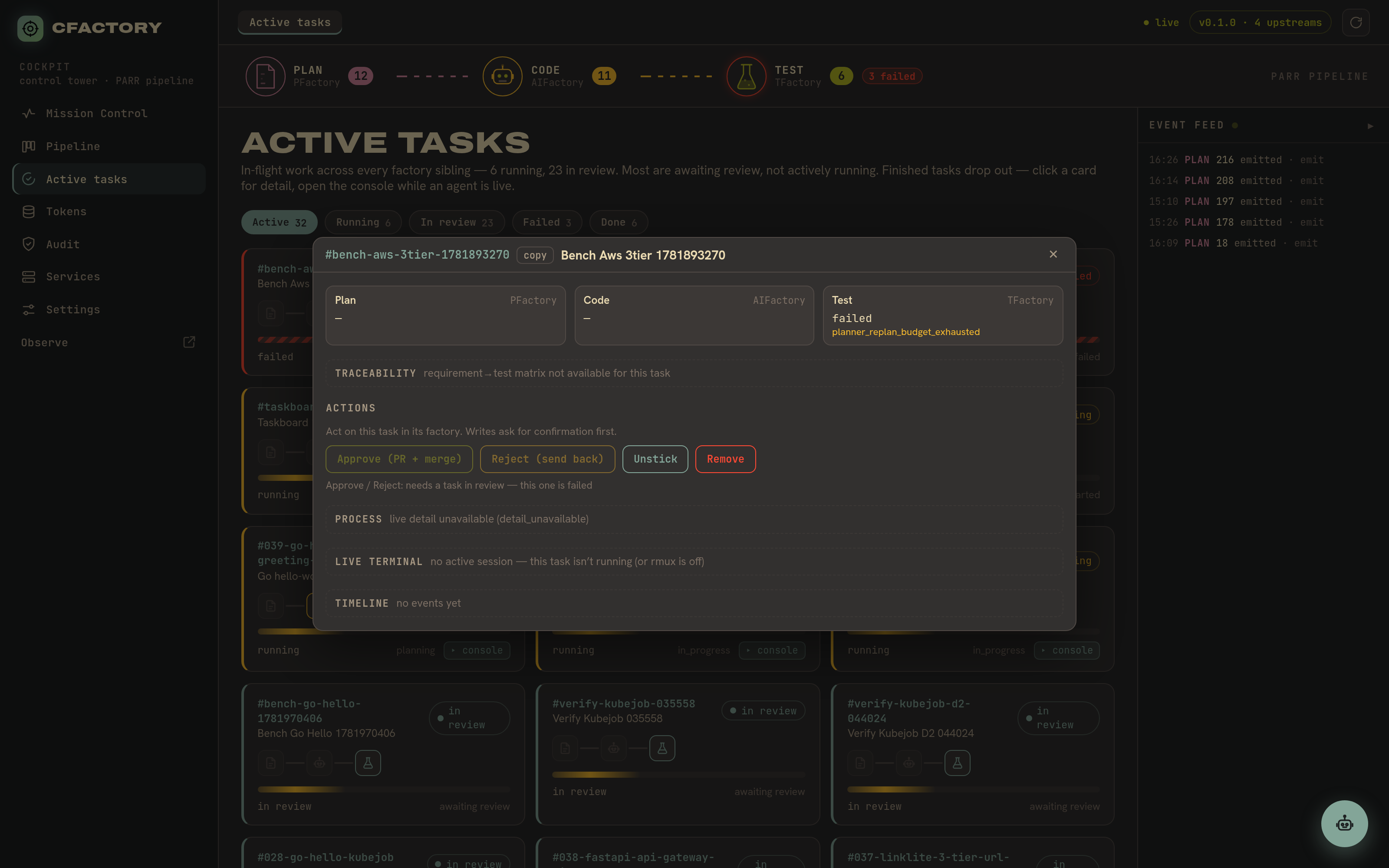 A failed task's detail view