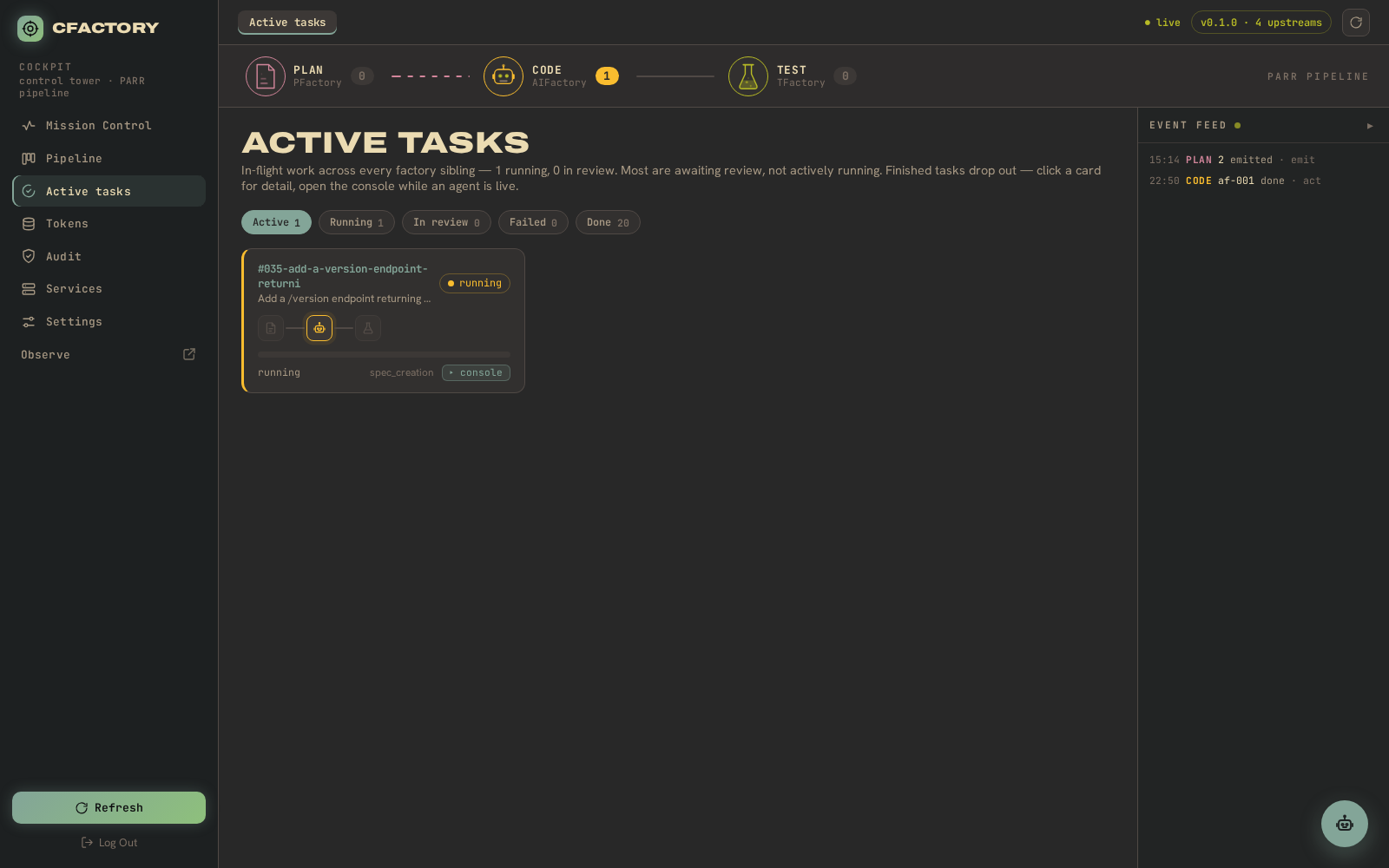 The Active tasks view -- in-flight runs with per-stage progress